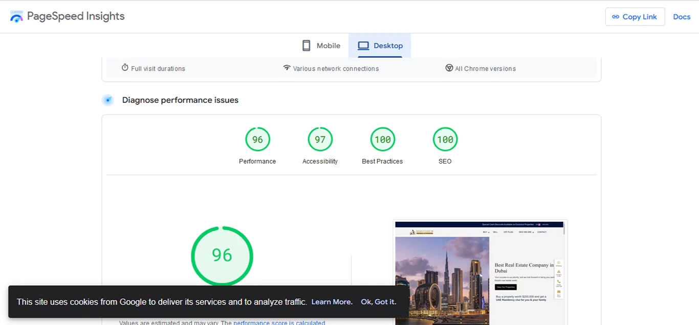 Real Estate - website performance report Desktop